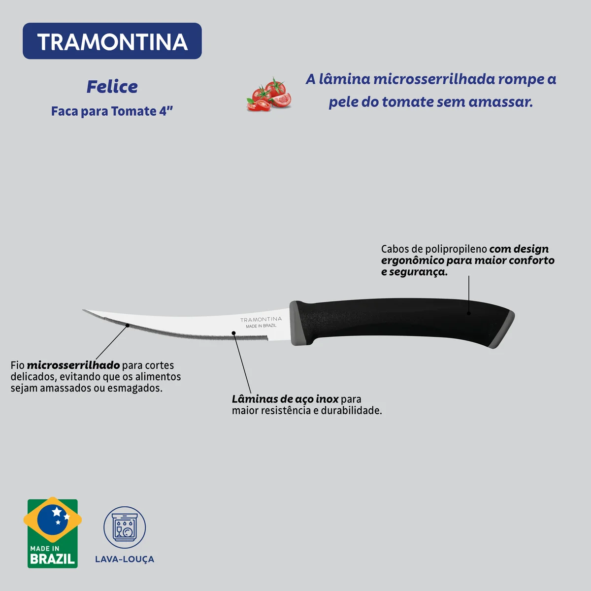 Faca para Tomate Tramontina Felice com Lâmina em Aço Inox e Cabo de Polipropileno Preto 4"