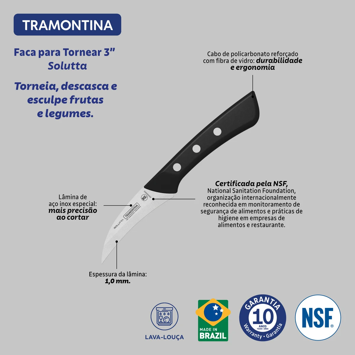 Faca para Tornear Tramontina Solutta com Lâmina em Aço Inox e Cabo em Policarbonato e fibra de vidro 3"