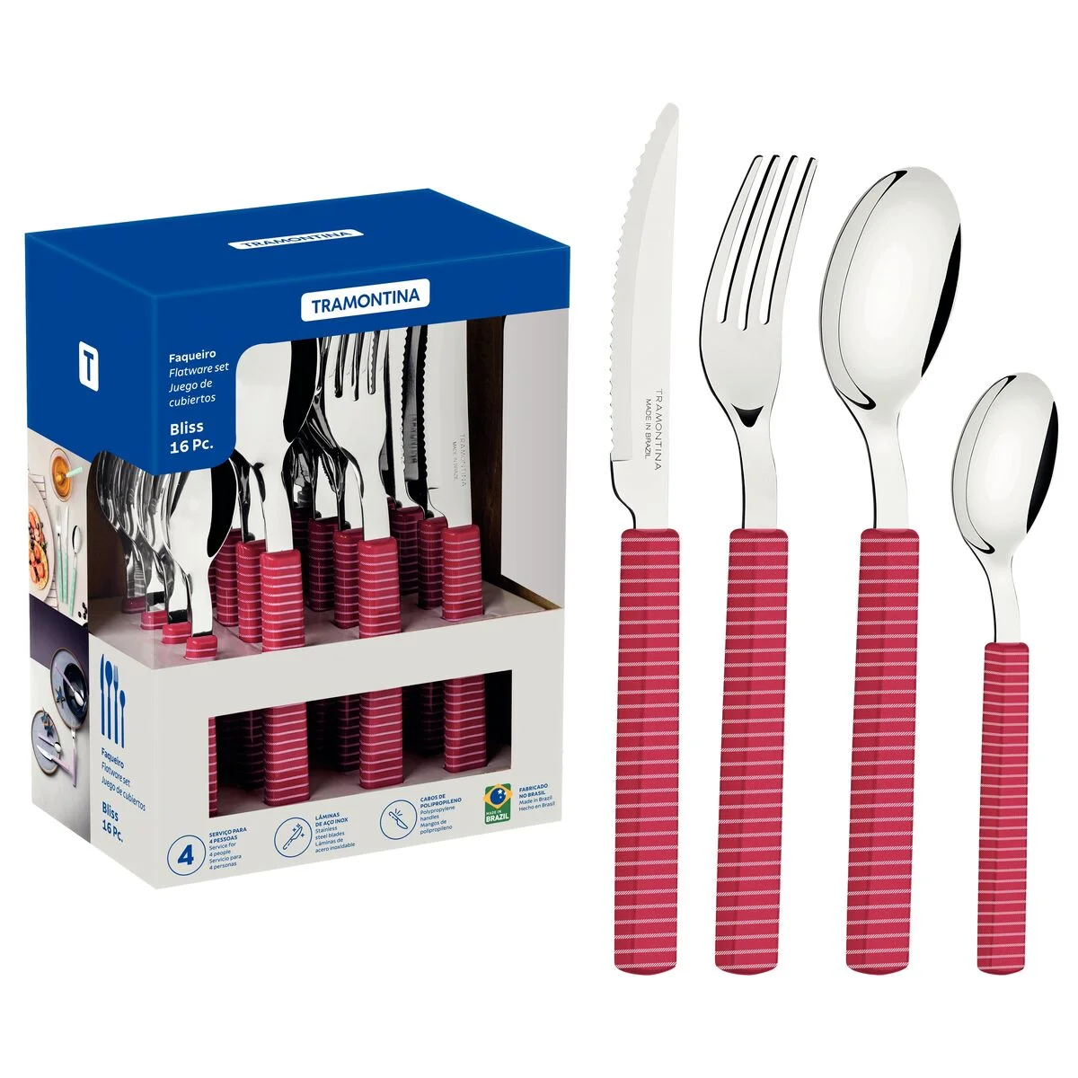 Faqueiro Tramontina Bliss com Lâminas em Aço Inox e Cabos de Polipropileno Viva Magenta 16 Peças