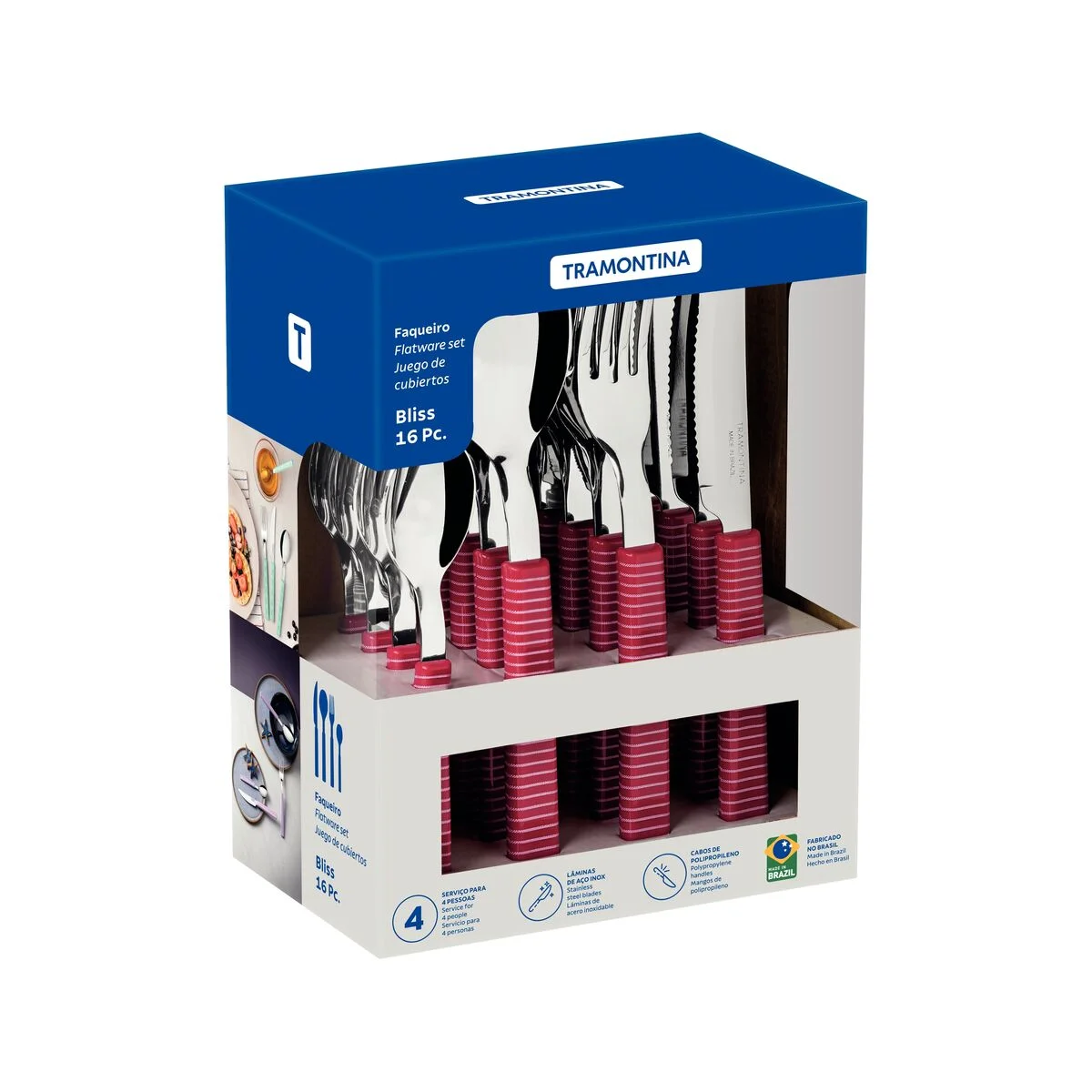 Faqueiro Tramontina Bliss com Lâminas em Aço Inox e Cabos de Polipropileno Viva Magenta 16 Peças