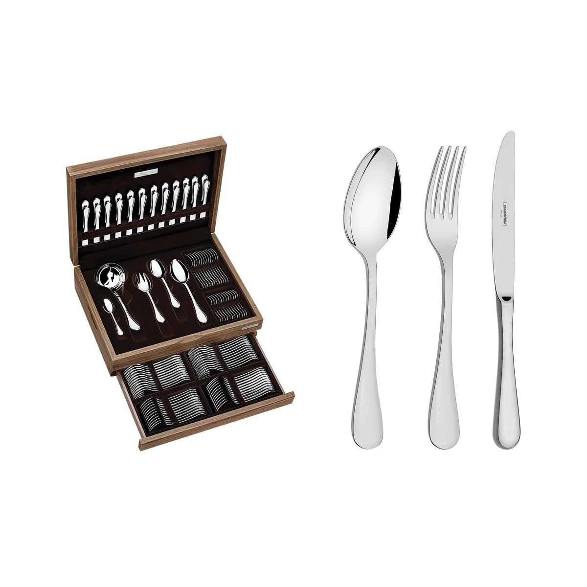 Faqueiro Tramontina Classic em Aço Inox com Facas de Mesa Forjadas Acabamento Brilho Estojo de Madeira 101 Peças