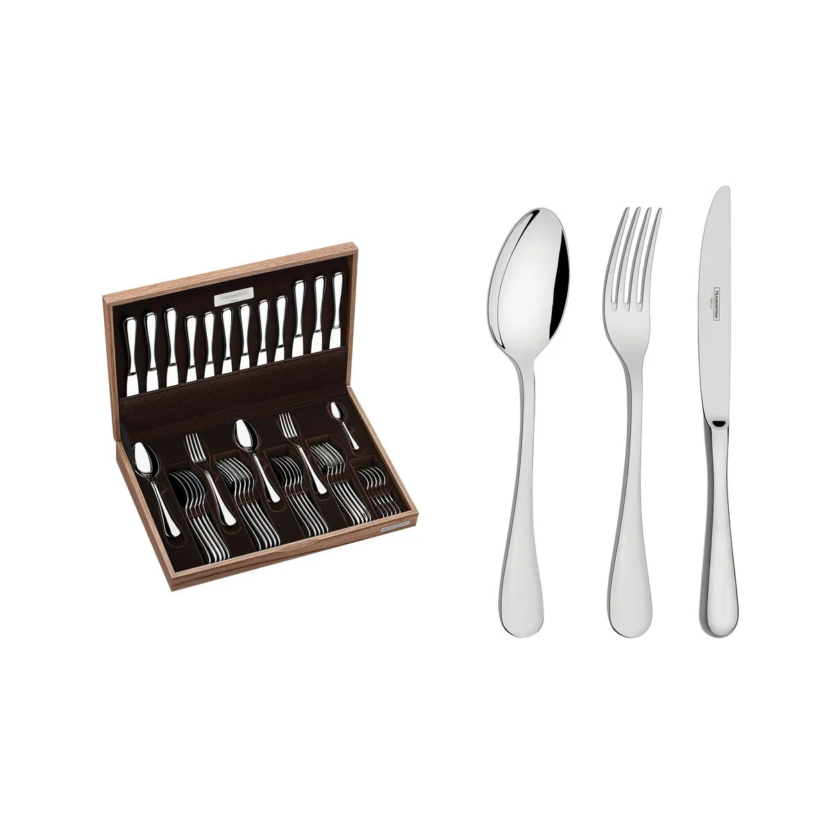 Faqueiro Tramontina Classic em Aço Inox com Facas de Mesa Forjadas Acabamento Brilho e Estojo de Madeira 42 Peças