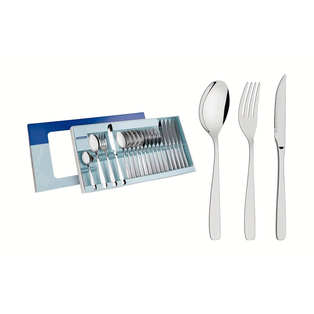 Faqueiro Tramontina Cosmos em Aço Inox com Facas para Churrasco Acabamento Brilho e Fosco 24 Peças