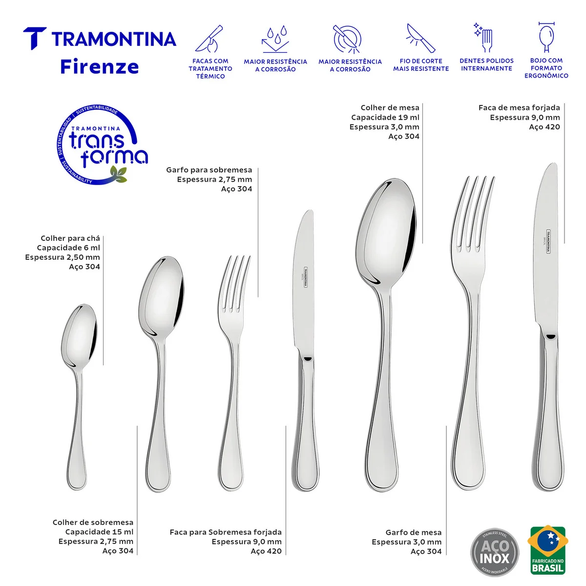 Faqueiro Tramontina Firenze em Aço Inox com Facas de Mesa Forjadas Acabamento Brilho e Estojo de Madeira 42 Peças