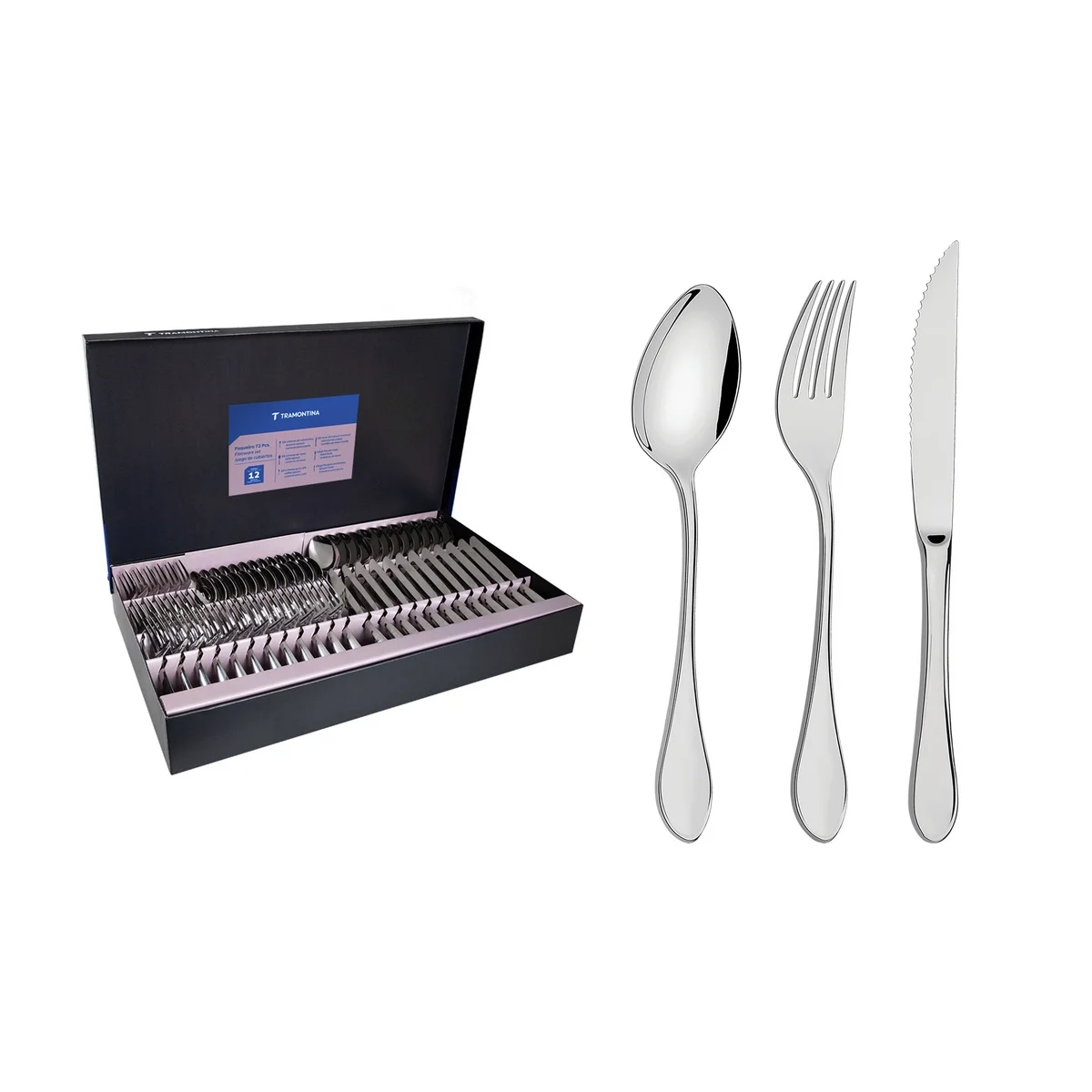 Faqueiro Tramontina Italy em Aço Inox com Facas para Churrasco Forjadas 6mm Acabamento Alto Brilho 72 Peças
