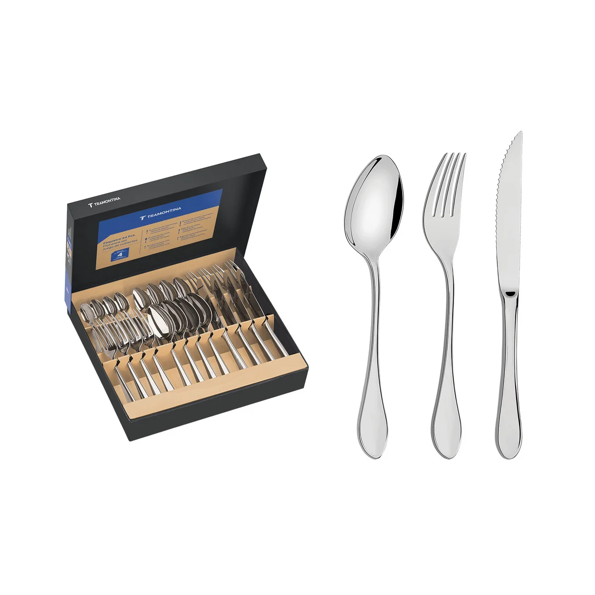 Faqueiro Tramontina Italy em Aço Inox com Facas para Churrasco Forjadas 6mm Acabamento Alto Brilho 24 Peças