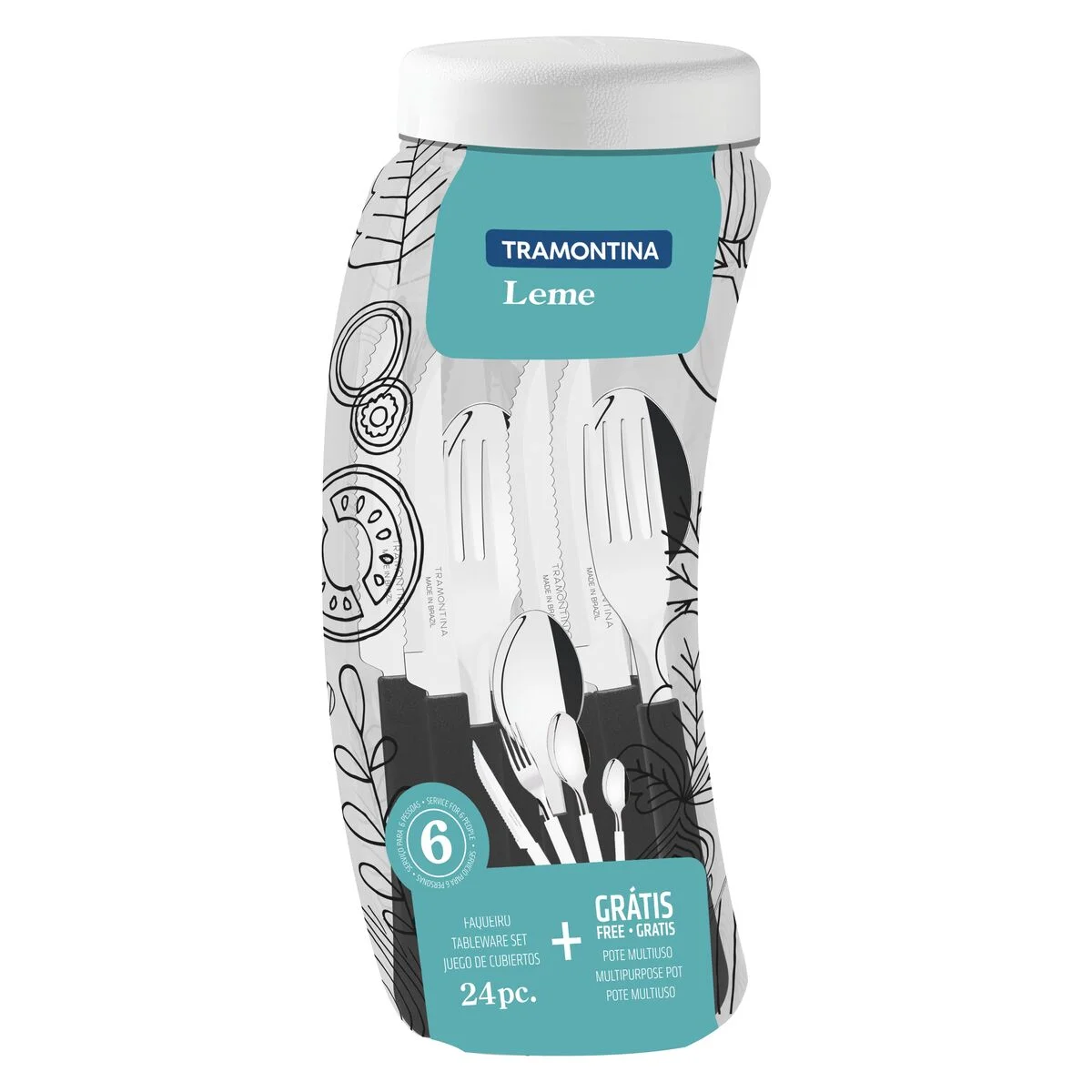 Faqueiro Tramontina Leme com Lâminas em Aço Inox e Cabos de Polipropileno Preto 24 Peças com Pote Plástico