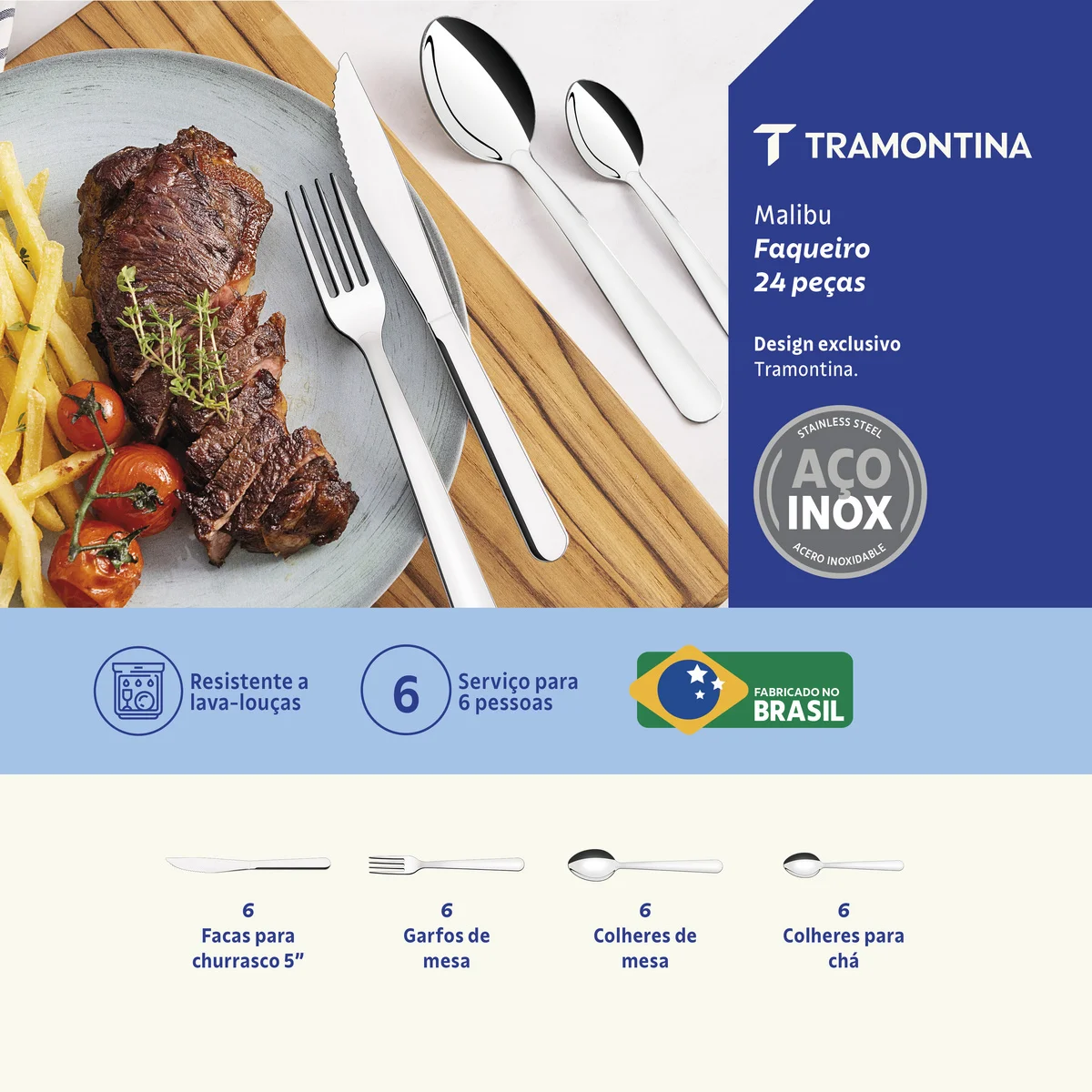 Faqueiro Tramontina Malibu em Aço Inox 24 Peças