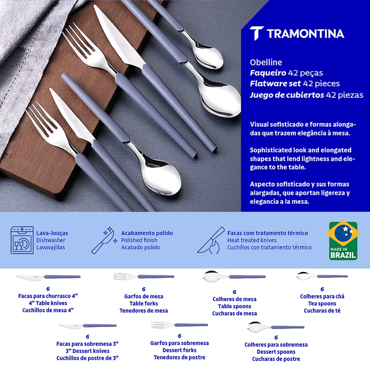 Faqueiro Tramontina Obelline com Lâminas em Aço Inox e Cabos de Polipropileno Azul Boreal 42 Peças