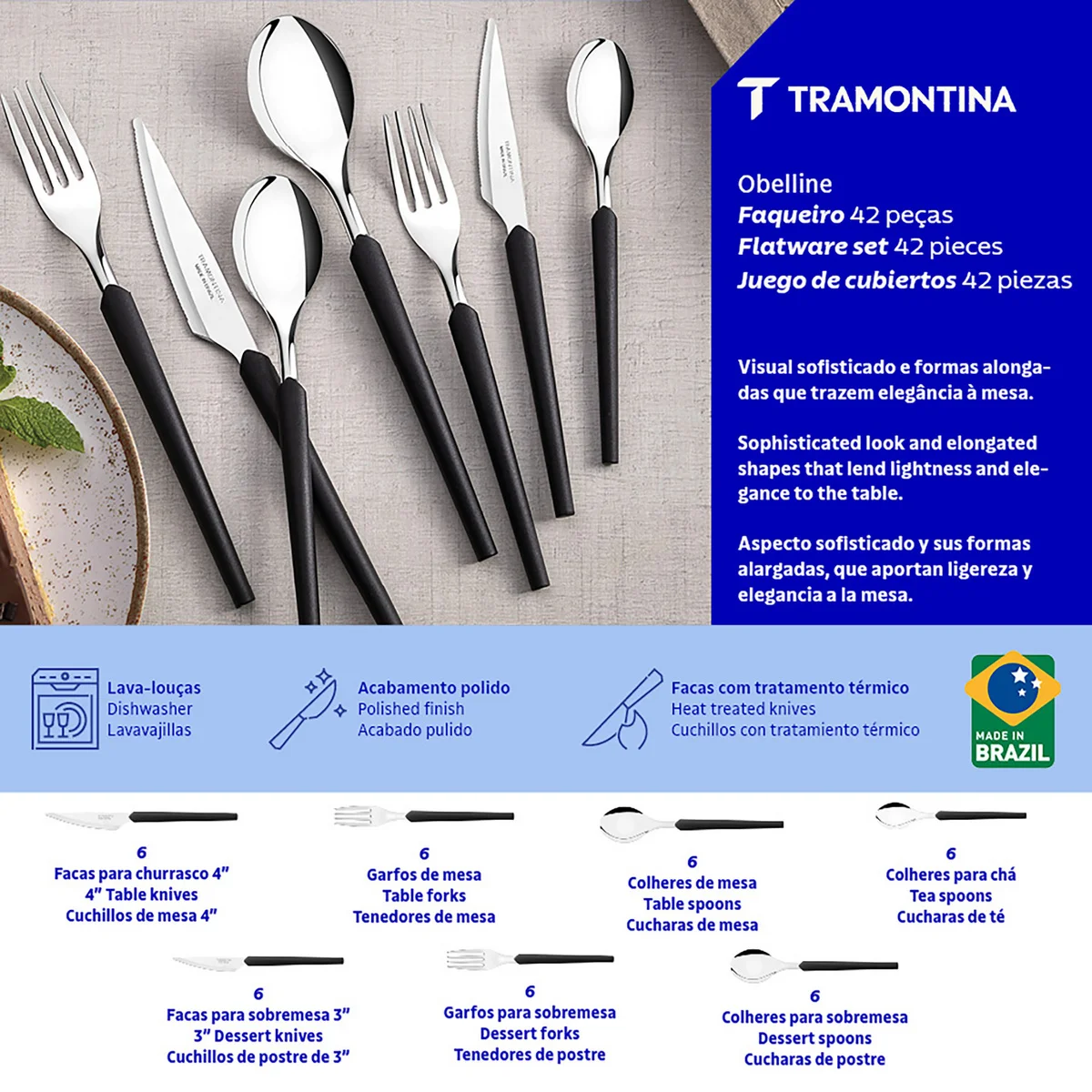 Faqueiro Tramontina Obelline com Lâminas em Aço Inox e Cabos de Polipropileno Preto 42 Peças
