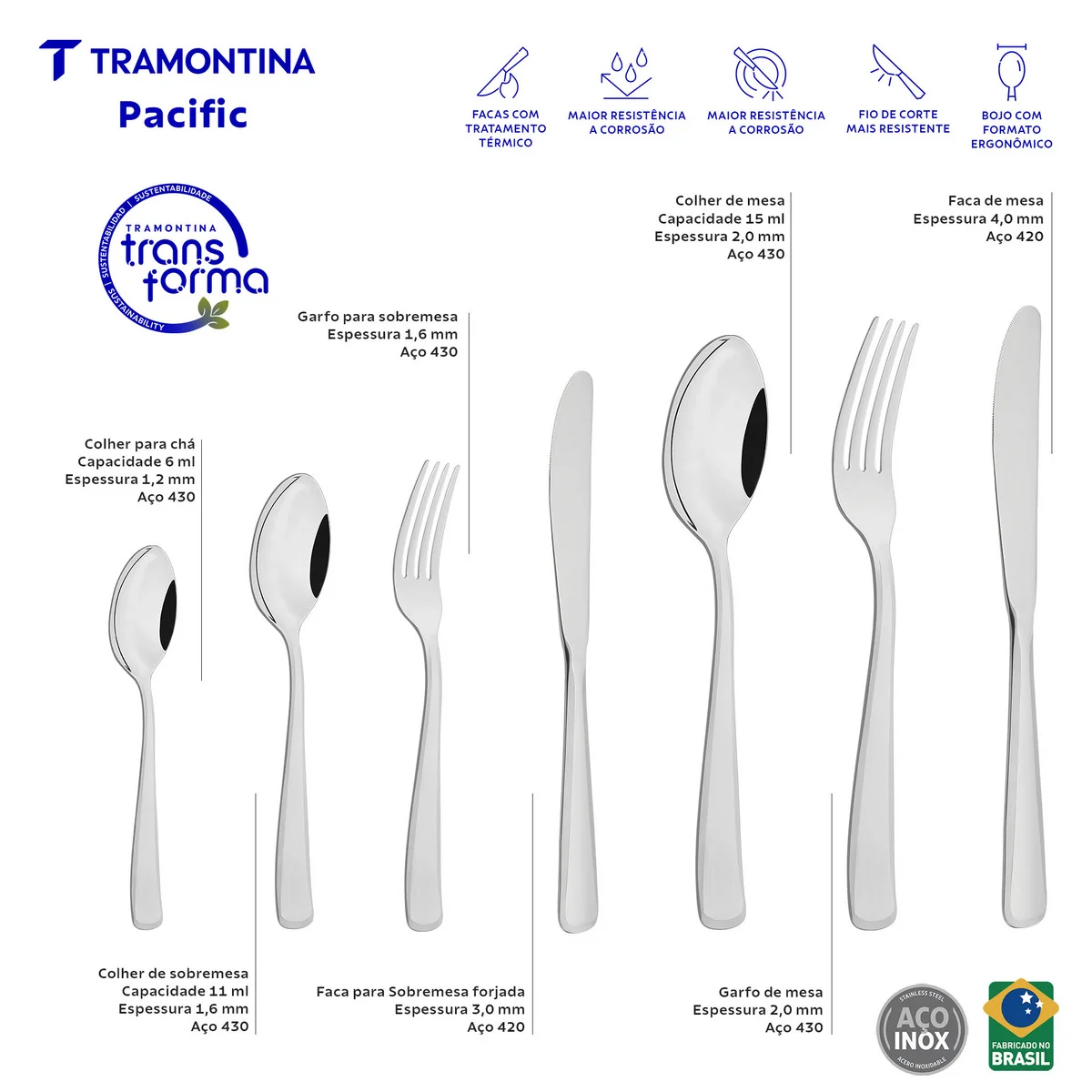 Faqueiro Tramontina Pacific em Aço Inox com Facas de Mesa Forjadas Acabamento Alto Brilho com Detalhes no Cabo e Estojo de Madeira 101 Peças