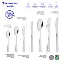 Faqueiro Tramontina Pacific em Aço Inox com Facas de Mesa Forjadas Acabamento Alto Brilho com Detalhes no Cabo e Estojo de Madeira 101 Peças