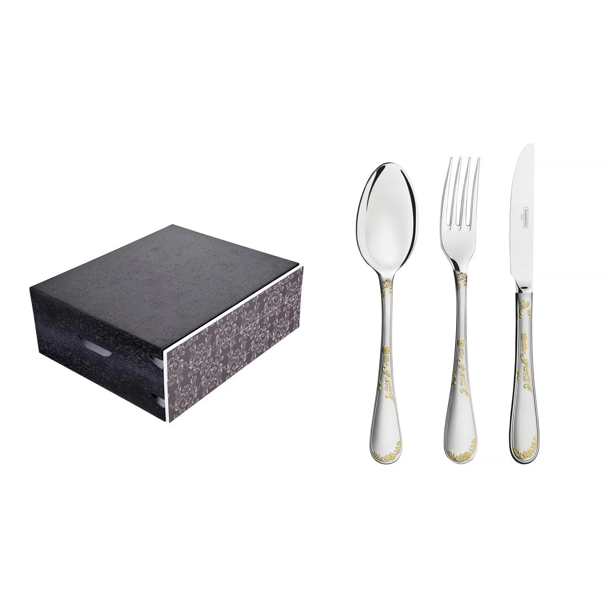 Faqueiro Tramontina Renascença em Aço Inox com Facas de Mesa Detalhes em Ouro Acabamento Brilho e Fosco Estojo de Madeira 101 Peças