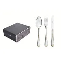 Faqueiro Tramontina Renascença em Aço Inox com Facas de Mesa Detalhes em Ouro Acabamento Brilho e Fosco Estojo de Madeira 101 Peças