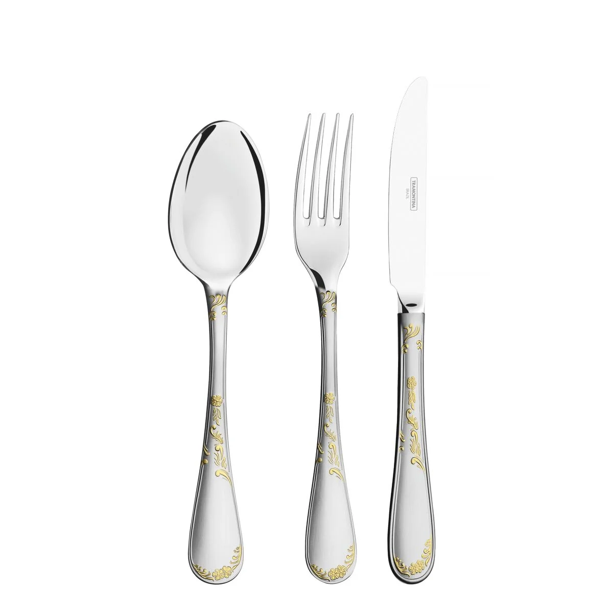 Faqueiro Tramontina Renascença em Aço Inox com Facas de Mesa Detalhes em Ouro Acabamento Brilho e Fosco Estojo de Madeira 76 Peças