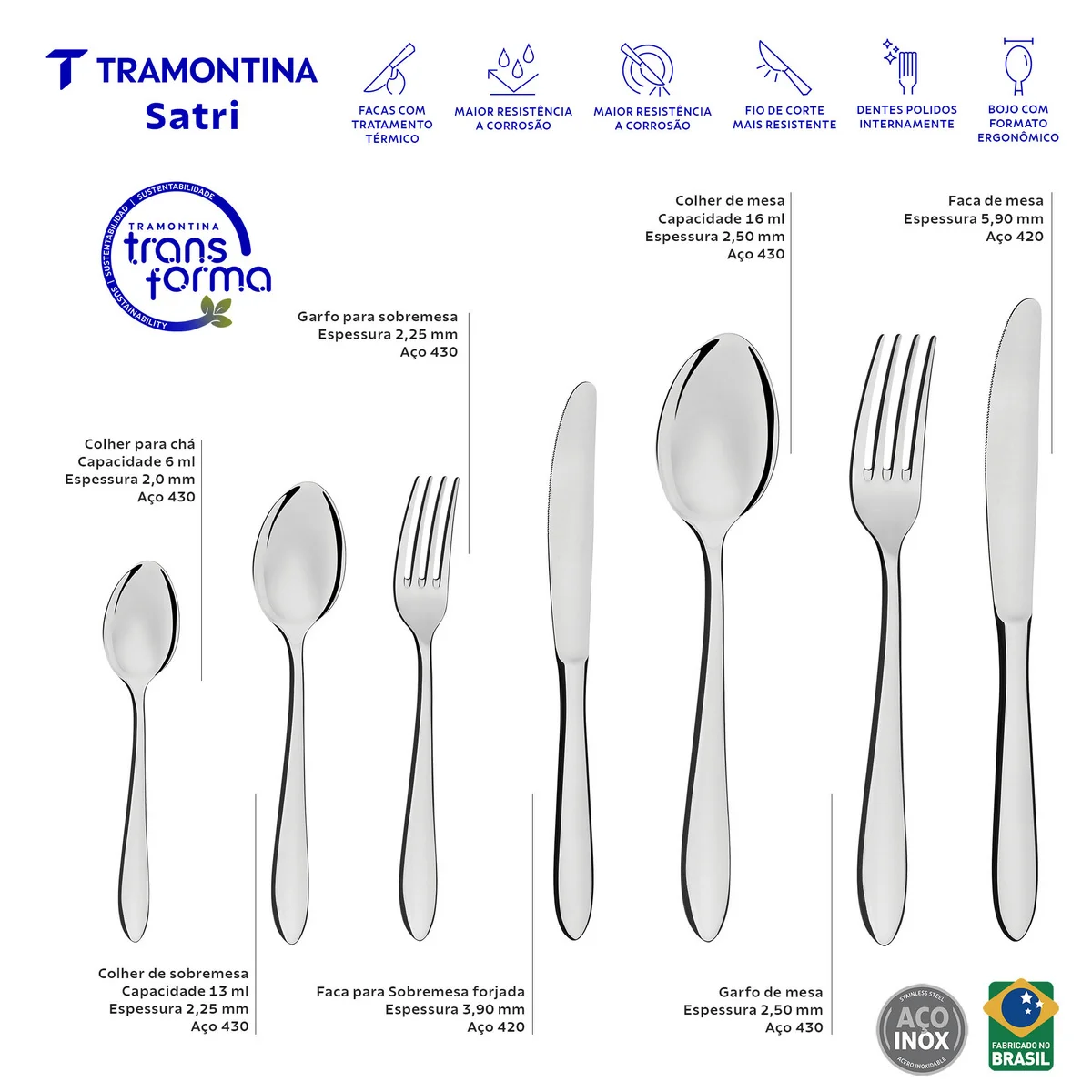 Faqueiro Tramontina Satri em Aço Inox com Facas de Mesa Forjadas Acabamento Alto Brilho e Estojo de Madeira 42 Peças
