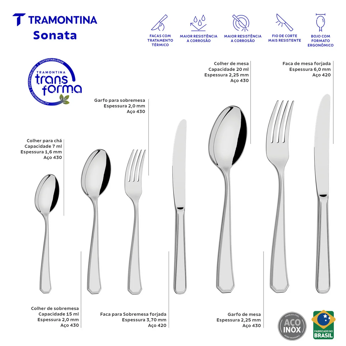 Faqueiro Tramontina Sonata em Aço Inox com Facas de Mesa Forjadas Acabamento Brilho e Estojo de Madeira 101 Peças