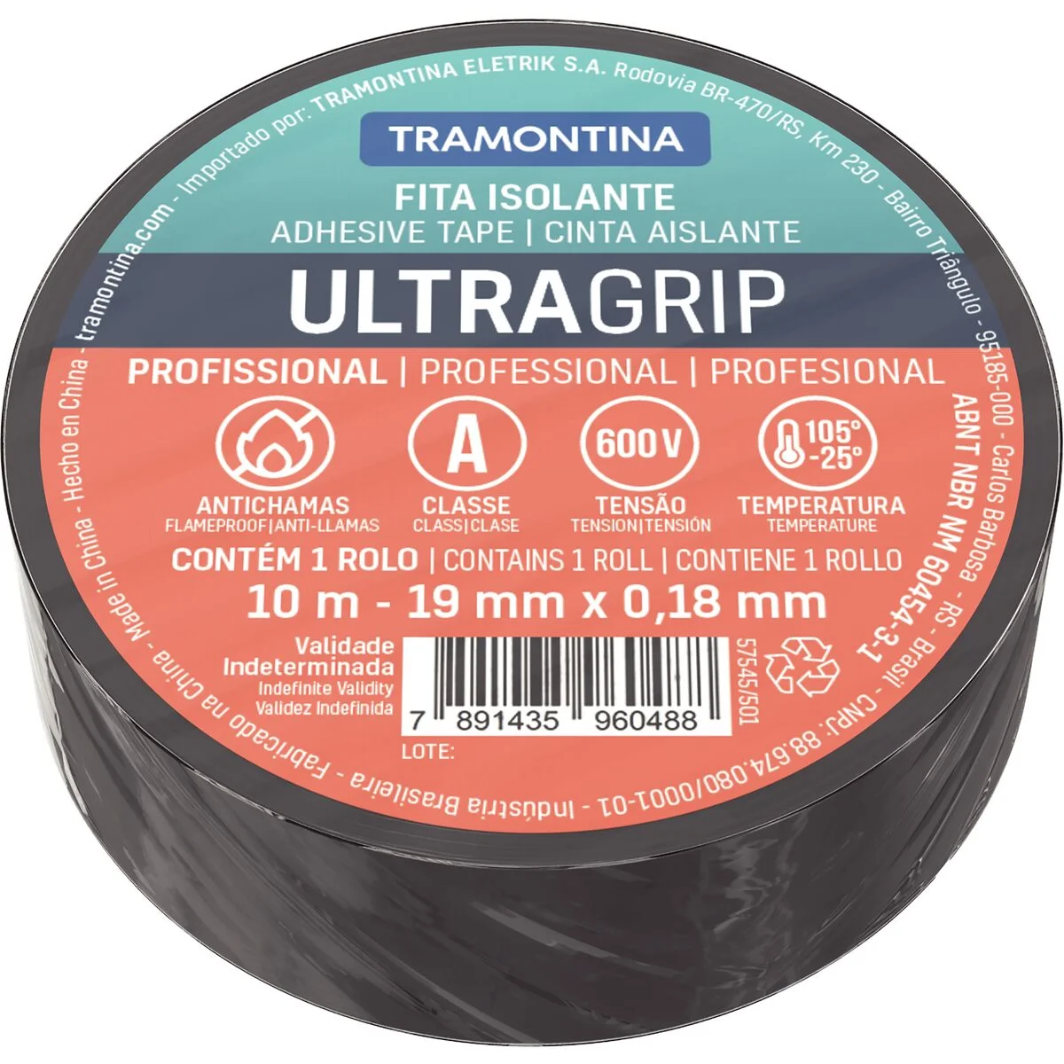 Fita Isolante Classe A 0,18x19 mm Tramontina Preta 10 m