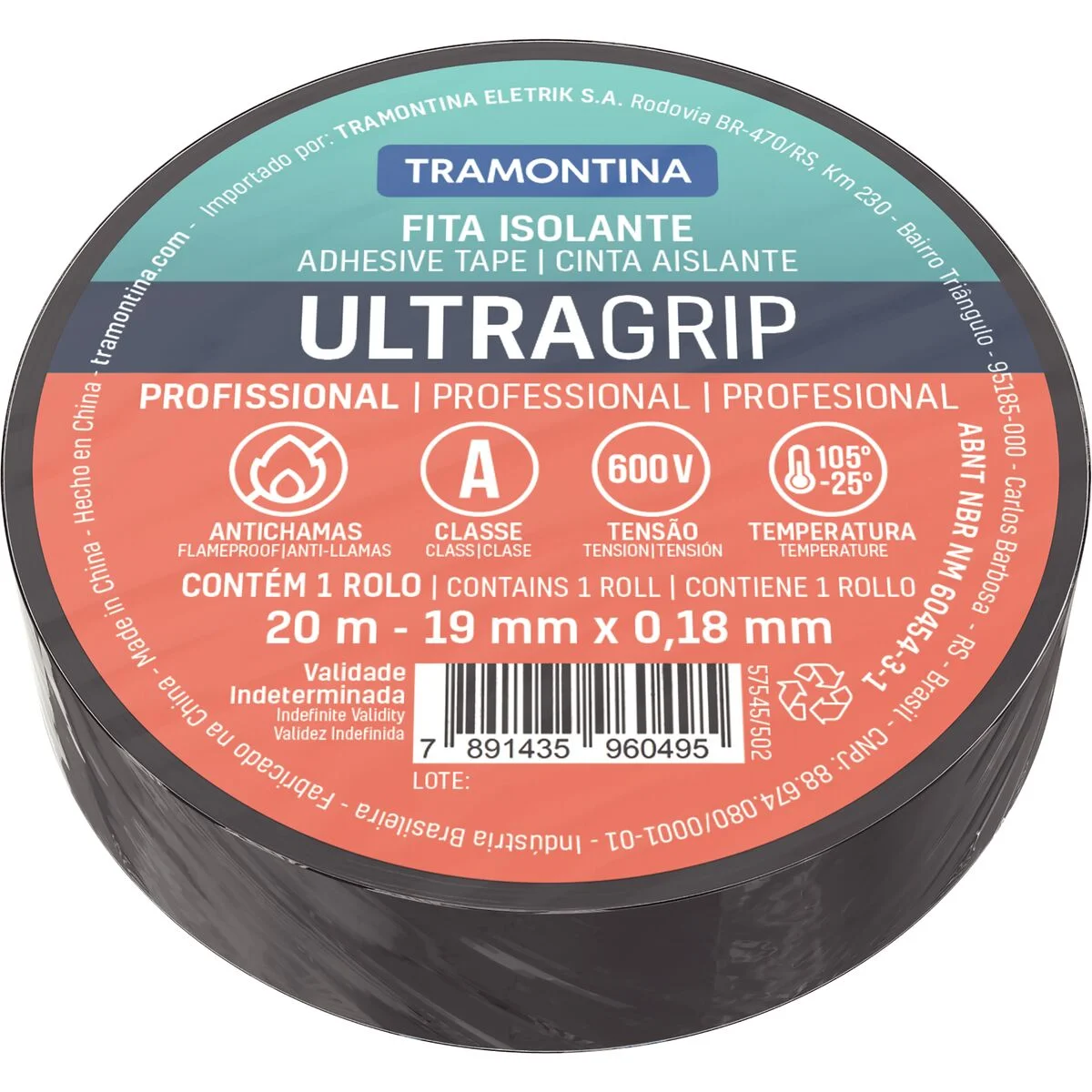 Fita Isolante Classe A 0,18x19 mm Tramontina Preta 20 m