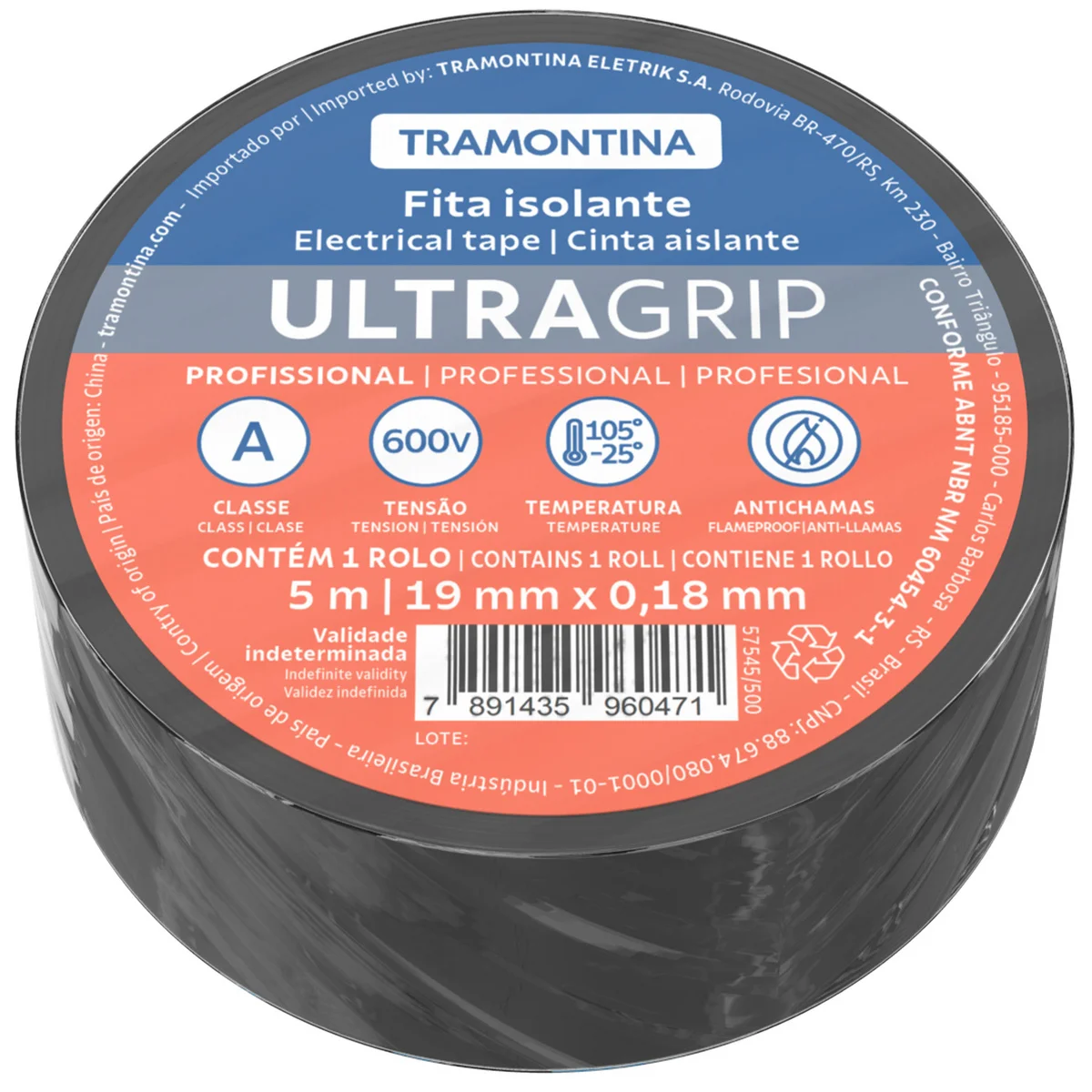 Fita Isolante Classe A 0,18x19 mm Tramontina Preta 5 m
