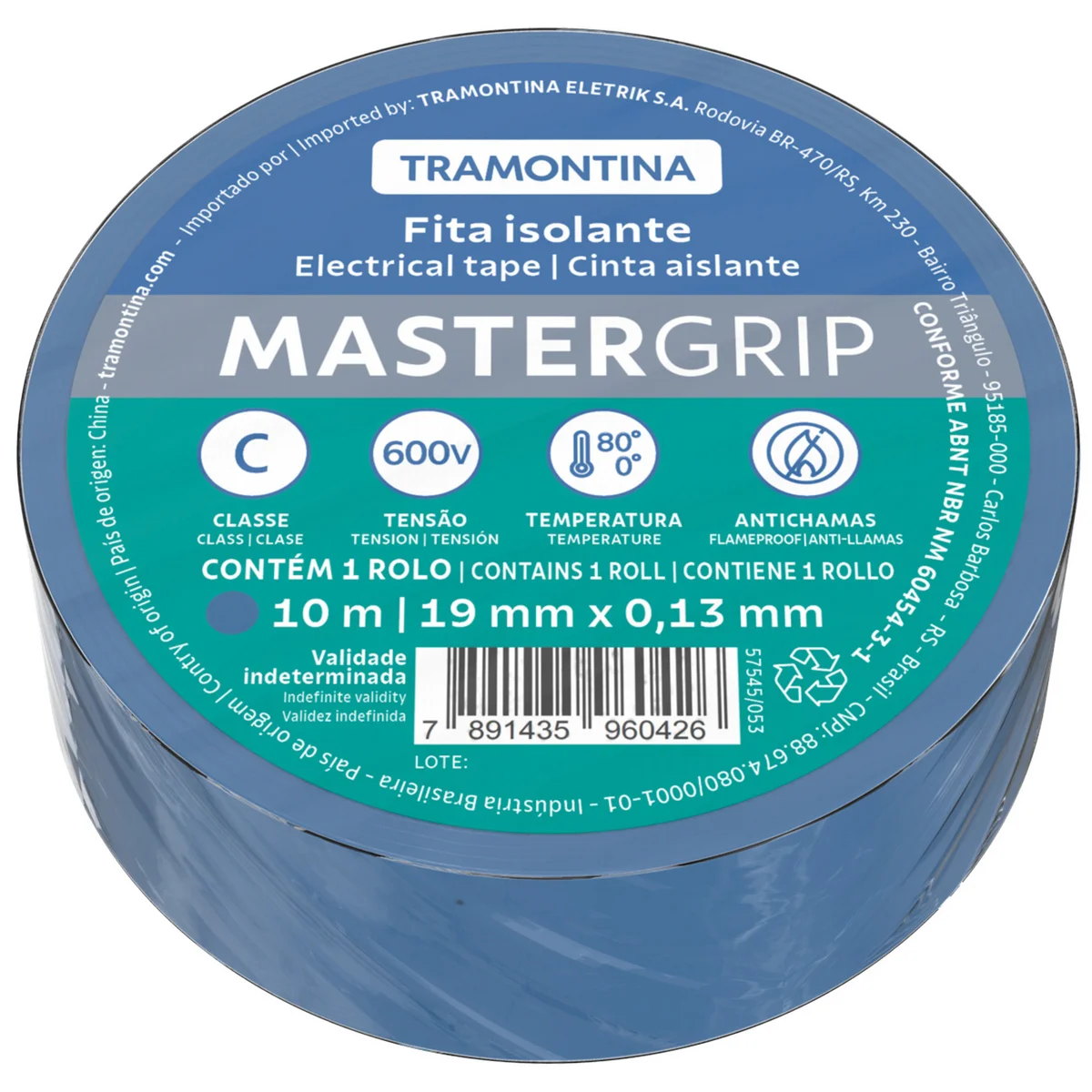 Fita Isolante Classe C 0,13x19 mm Tramontina Azul 10 m