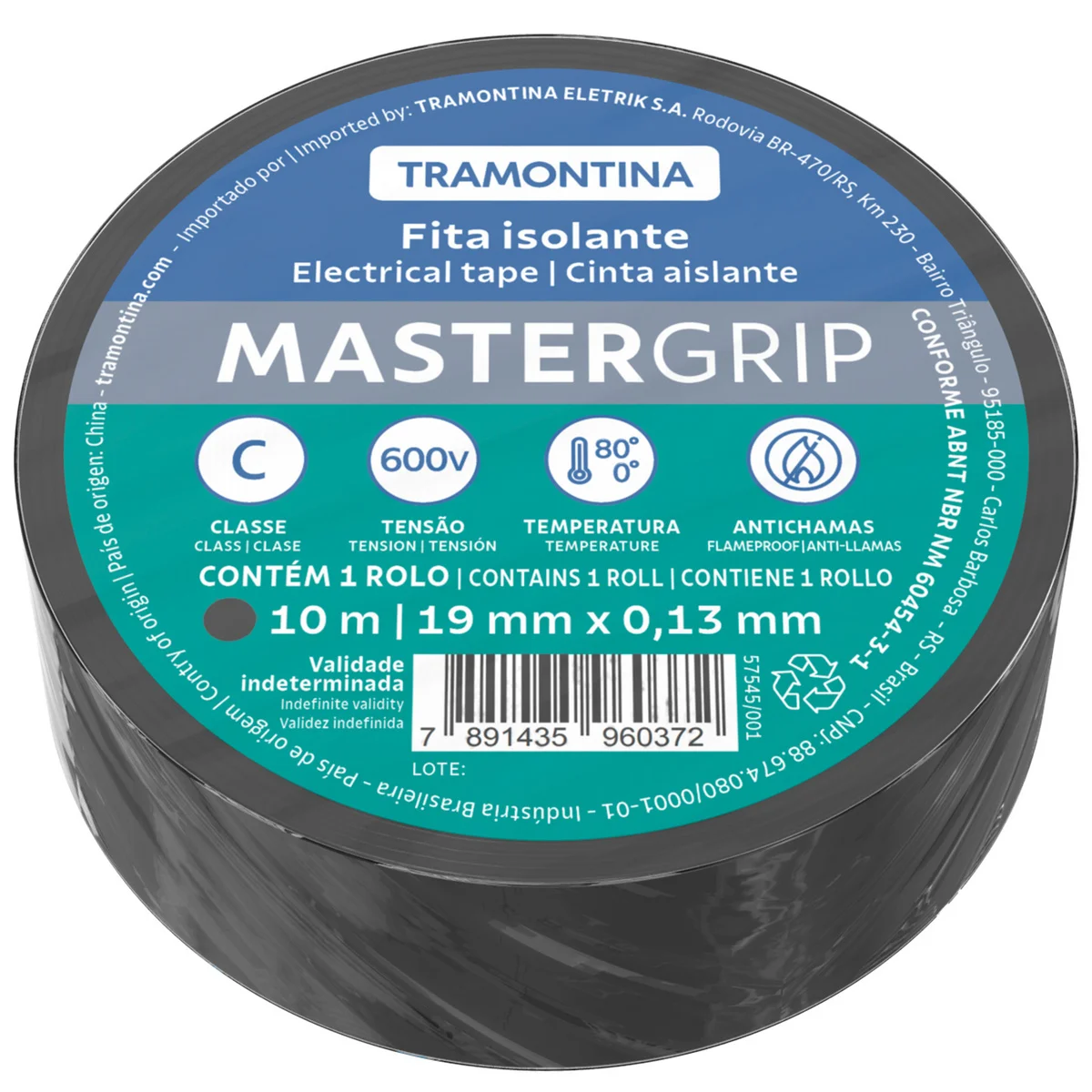 Fita Isolante Classe C 0,13x19 mm Tramontina Preta 10 m