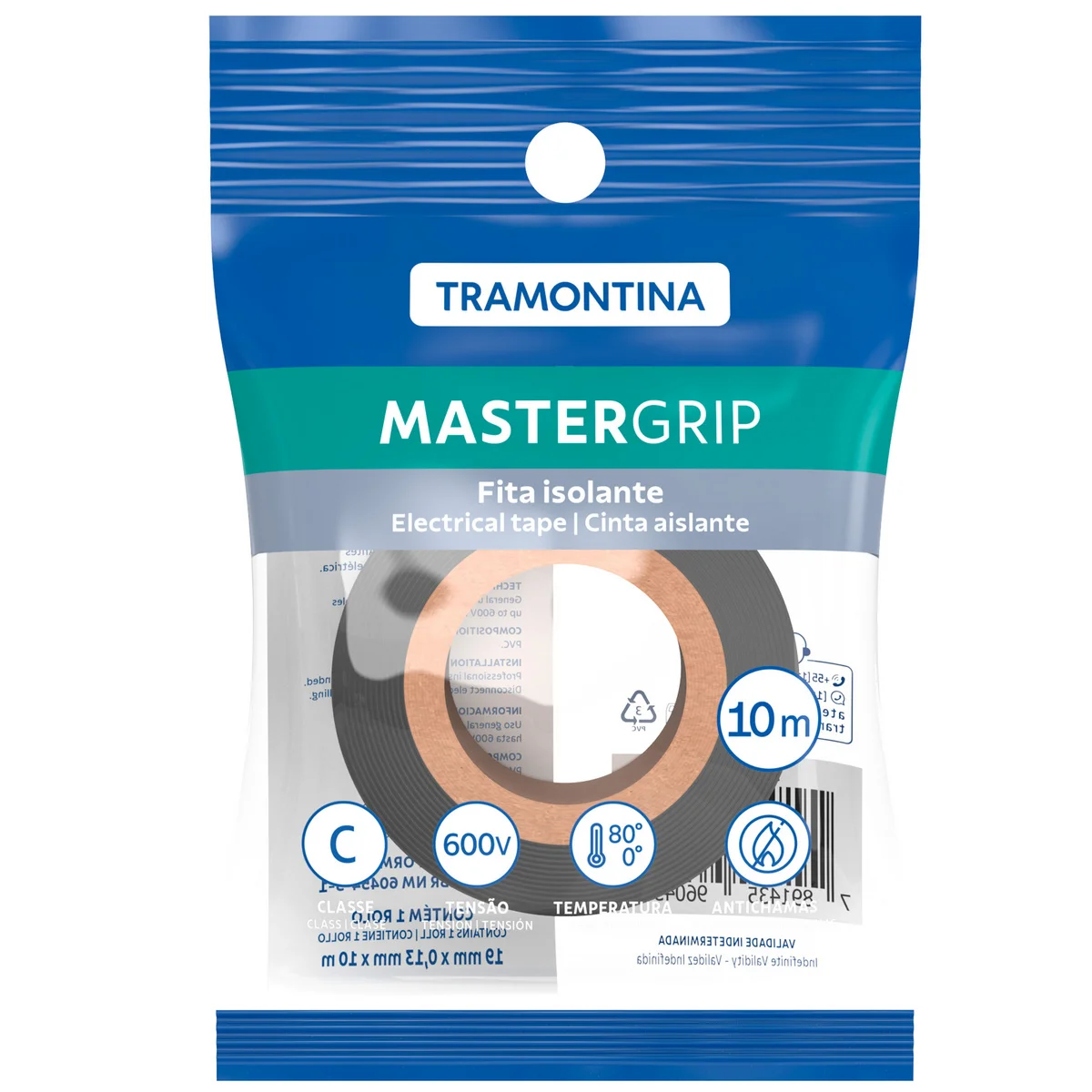 Fita Isolante Classe C 0,13x19 mm Tramontina Preta 10 m com Embalagem Flow-Pack