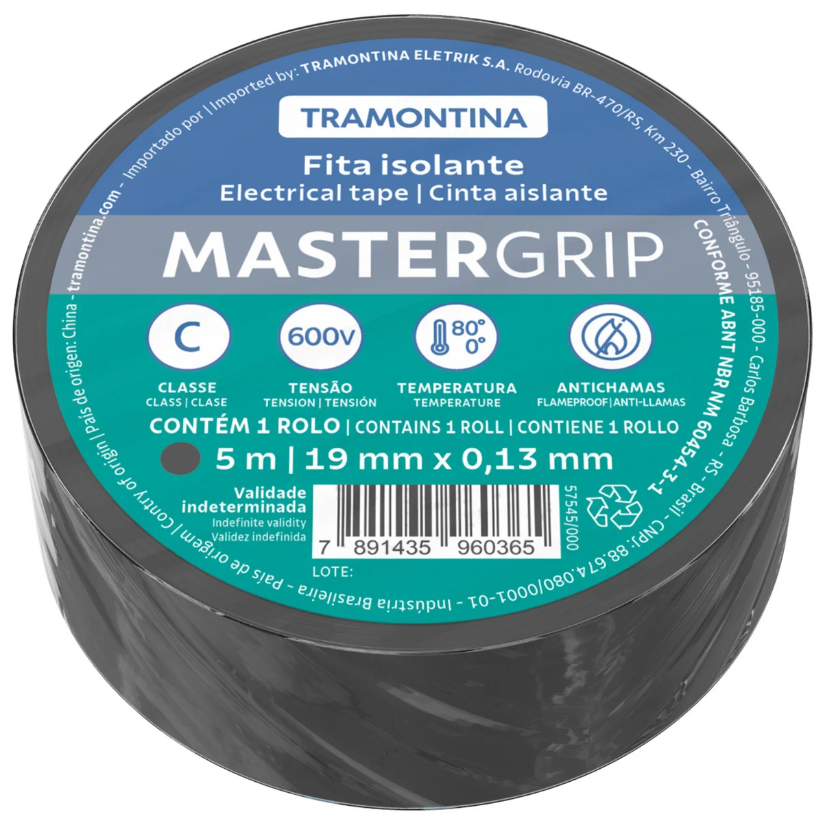 Fita Isolante Classe C 0,13x19 mm Tramontina Preta 5 m
