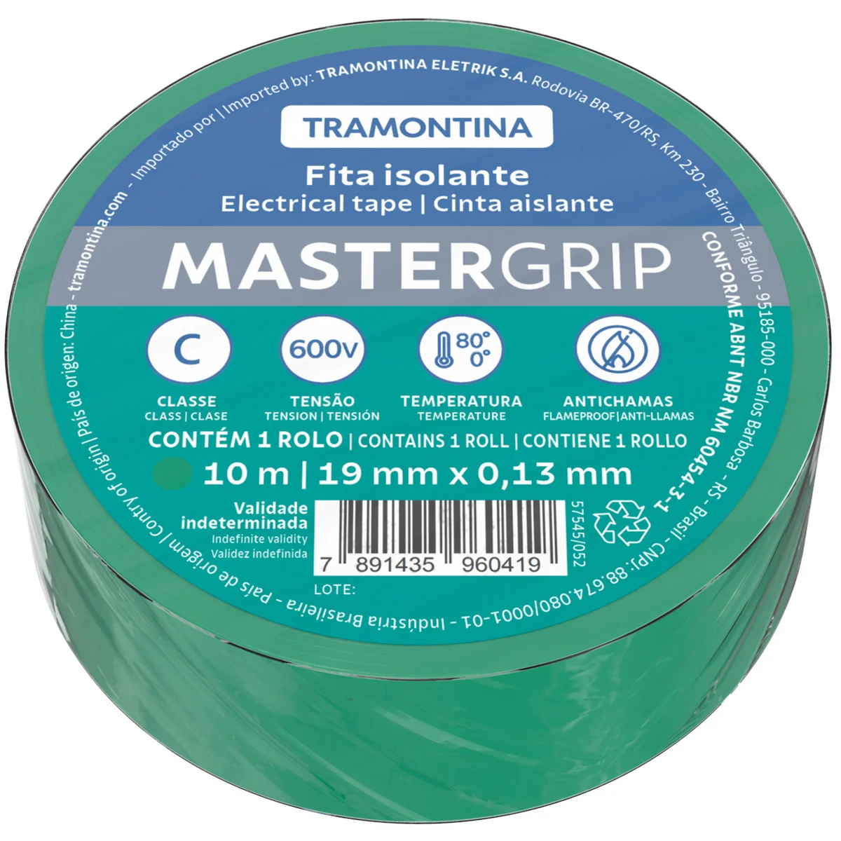 Fita Isolante Classe C 0,13x19 mm Tramontina Verde 10 m