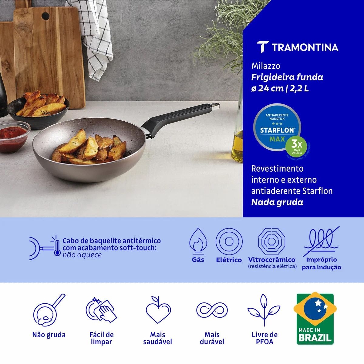 Frigideira Funda Tramontina Milazzo em Alumínio com Revestimento Interno e Externo em Antiaderente Starflon Max Amêndoa 24 cm