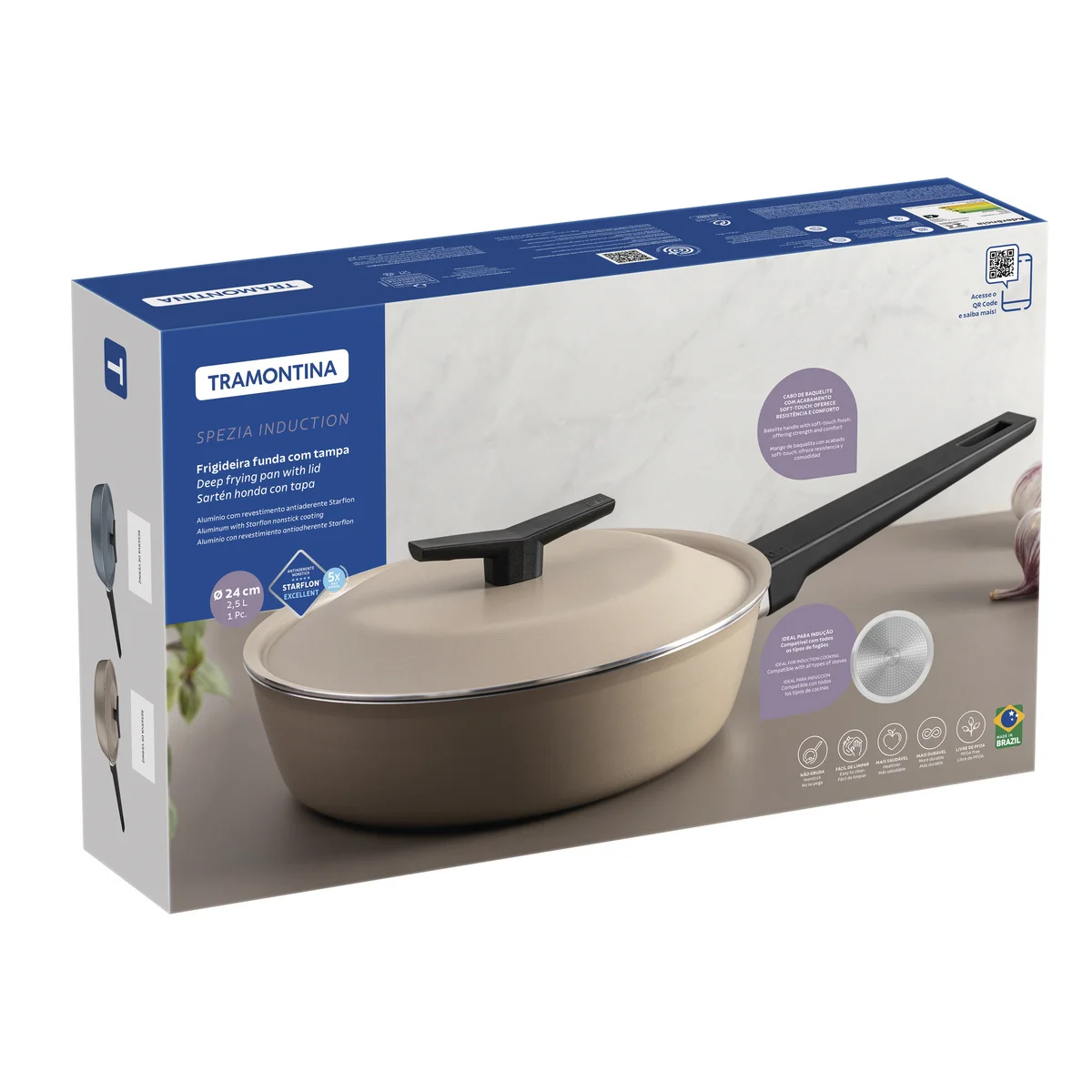 Frigideira Funda Tramontina Spezia Induction em Alumínio com Revestimento Interno e Externo em Antiaderente Starflon Excellent Areia com Tampa 24 cm