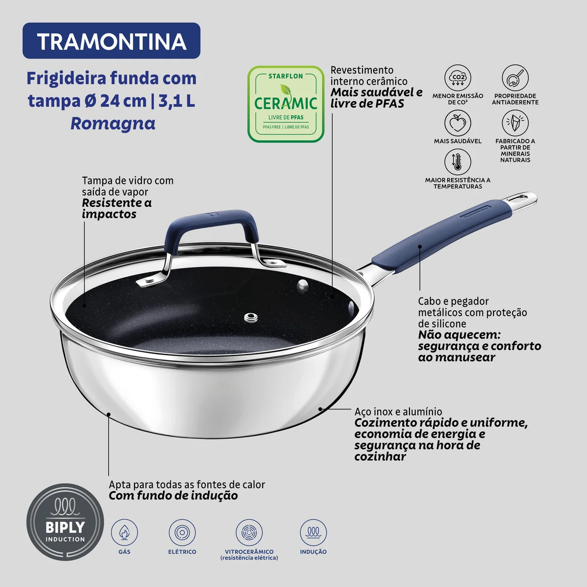 Frigideira Funda com Tampa Tramontina Romagna em Aço Inox e Alumínio com Revestimento Interno Cerâmico Black Stone 24 cm 3,1 L