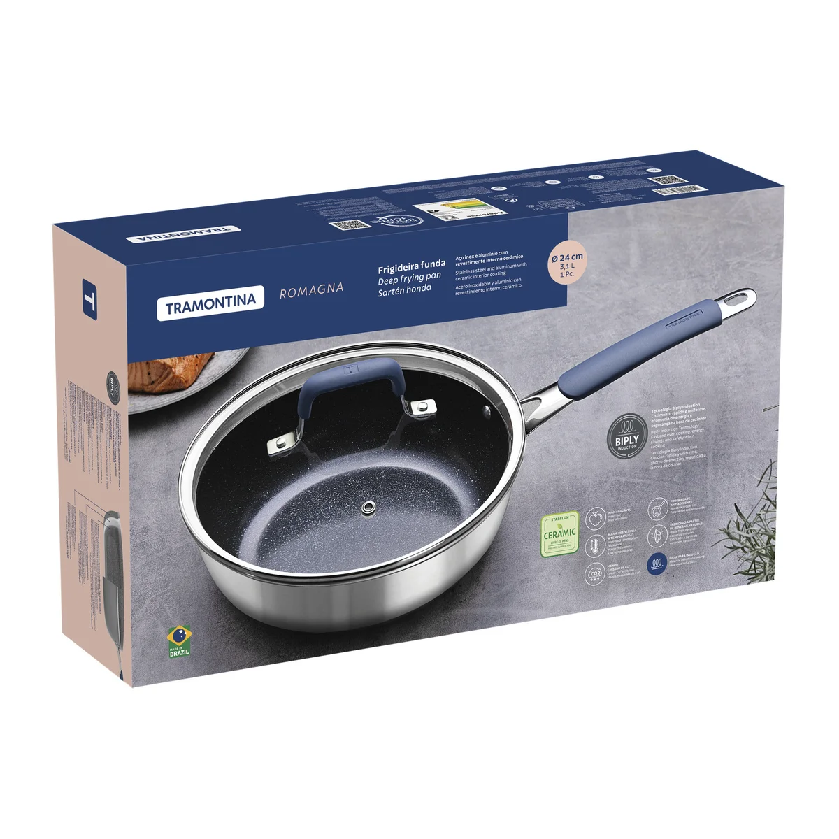 Frigideira Funda com Tampa Tramontina Romagna em Aço Inox e Alumínio com Revestimento Interno Cerâmico Black Stone 24 cm 3,1 L