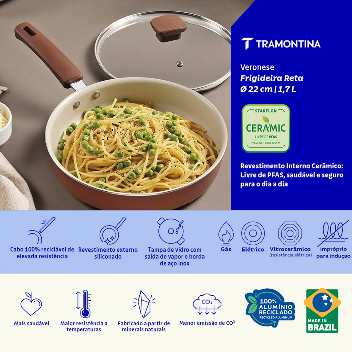 Frigideira Reta com Tampa Tramontina Veronese em Alumínio Reciclado com Revestimento Interno Cerâmico e Externo Siliconado Argila 22 cm 1,7 L