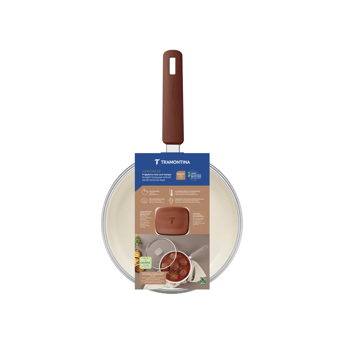 Frigideira Reta com Tampa Tramontina Veronese em Alumínio Reciclado com Revestimento Interno Cerâmico e Externo Siliconado Argila 22 cm 1,7 L