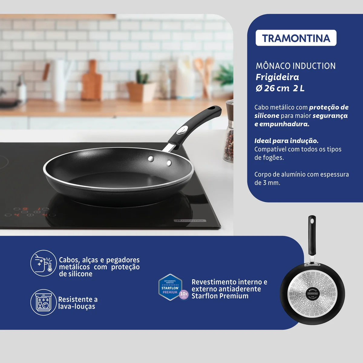 Frigideira Tramontina Mônaco Induction em Alumínio com Revestimento Interno e Externo Antiaderente Starflon Premium Preto 26 cm 2 L