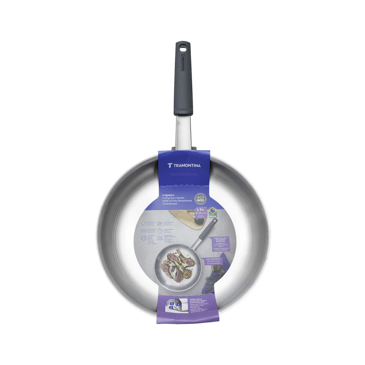 Frigideira Tramontina Professional em Aço Inox com Fundo Triplo e Cabo com Luva de Silicone Removível 26 cm