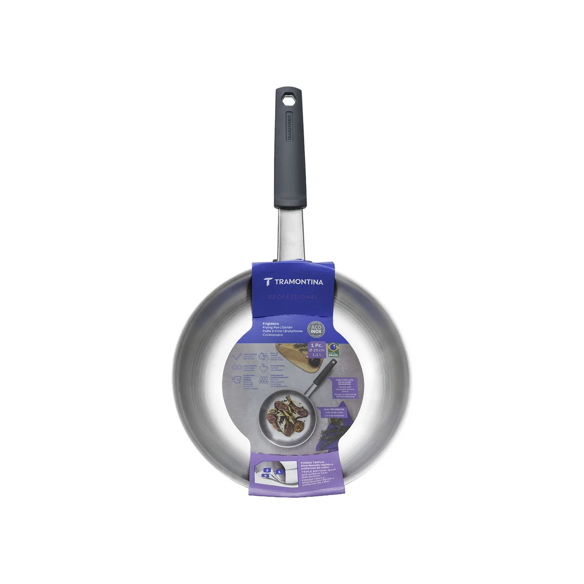 Frigideira Tramontina Professional em Aço Inox com Fundo Triplo e Cabo com Luva de Silicone Removível 20 cm