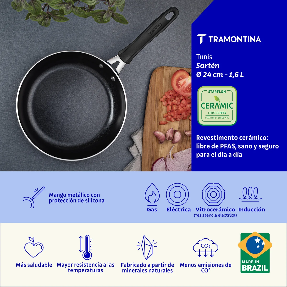 Frigideira Tramontina Tunis em Alumínio com Revestimento Interno Cerâmico e Externo Siliconado Azul Mediterrâneo 24 cm 1,6 L