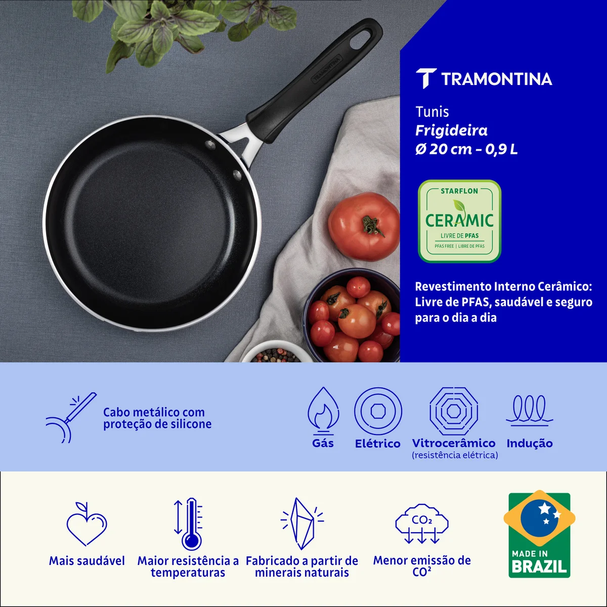 Frigideira Tramontina Tunis em Alumínio com Revestimento Interno Cerâmico e Externo Siliconado Azul Mediterrâneo 20 cm 0,9 L