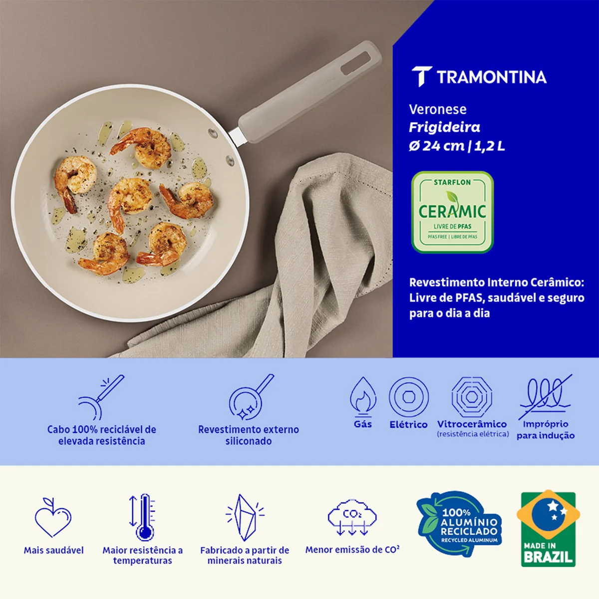 Frigideira Tramontina Veronese em Alumínio Reciclado com Revestimento Interno Cerâmico e Externo Siliconado Bege Mineral 24 cm 1,2 L