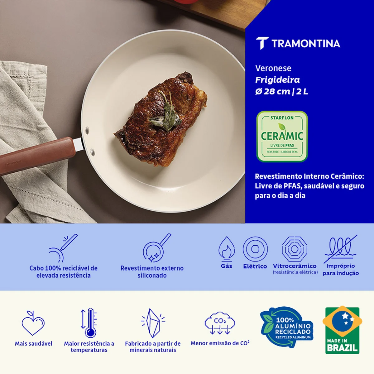 Frigideira Tramontina Veronese em Alumínio Reciclado com Revestimento Interno Cerâmico e Externo Siliconado Argila 28 cm 2 L