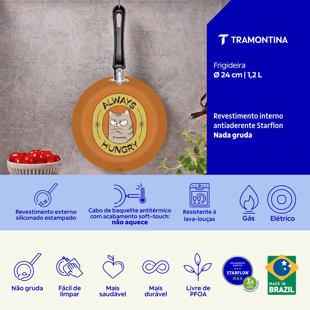 Frigideira Tramontina em Alumínio com Revestimento Interno em Antiaderente Starflon Max e Externo Siliconado com Estampa Always Hungry 24 cm 1,2 L