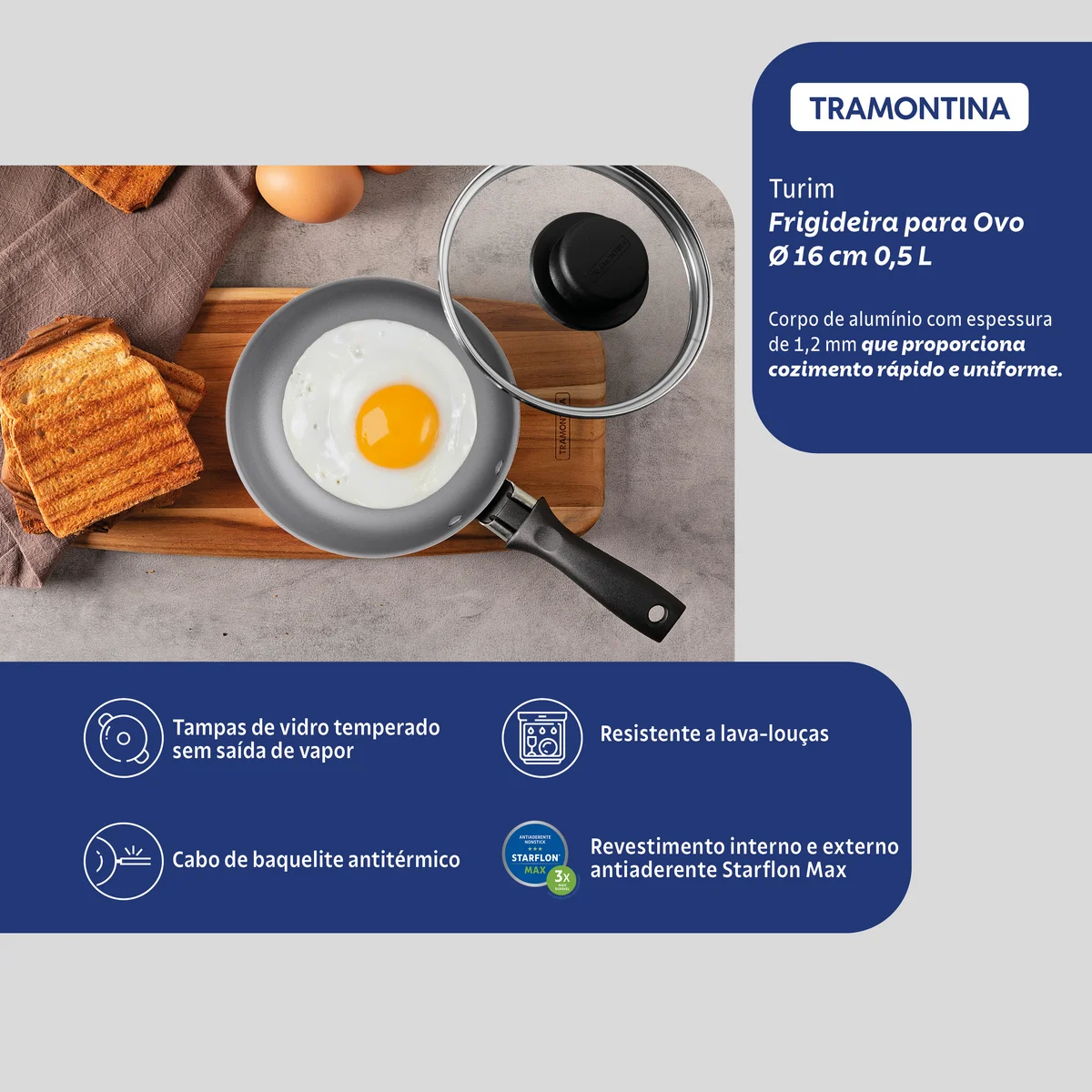 Frigideira para Ovo Tramontina Turim em Alumínio com Revestimento Interno e Externo em Antiaderente Starflon Max Chumbo 16 cm 0,5 L