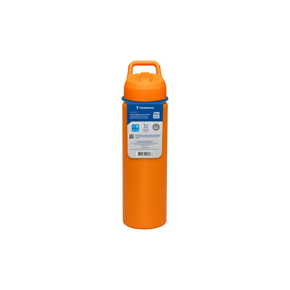 Garrafa Térmica Tramontina 650 ml em Aço Revestido Laranja com Canudo