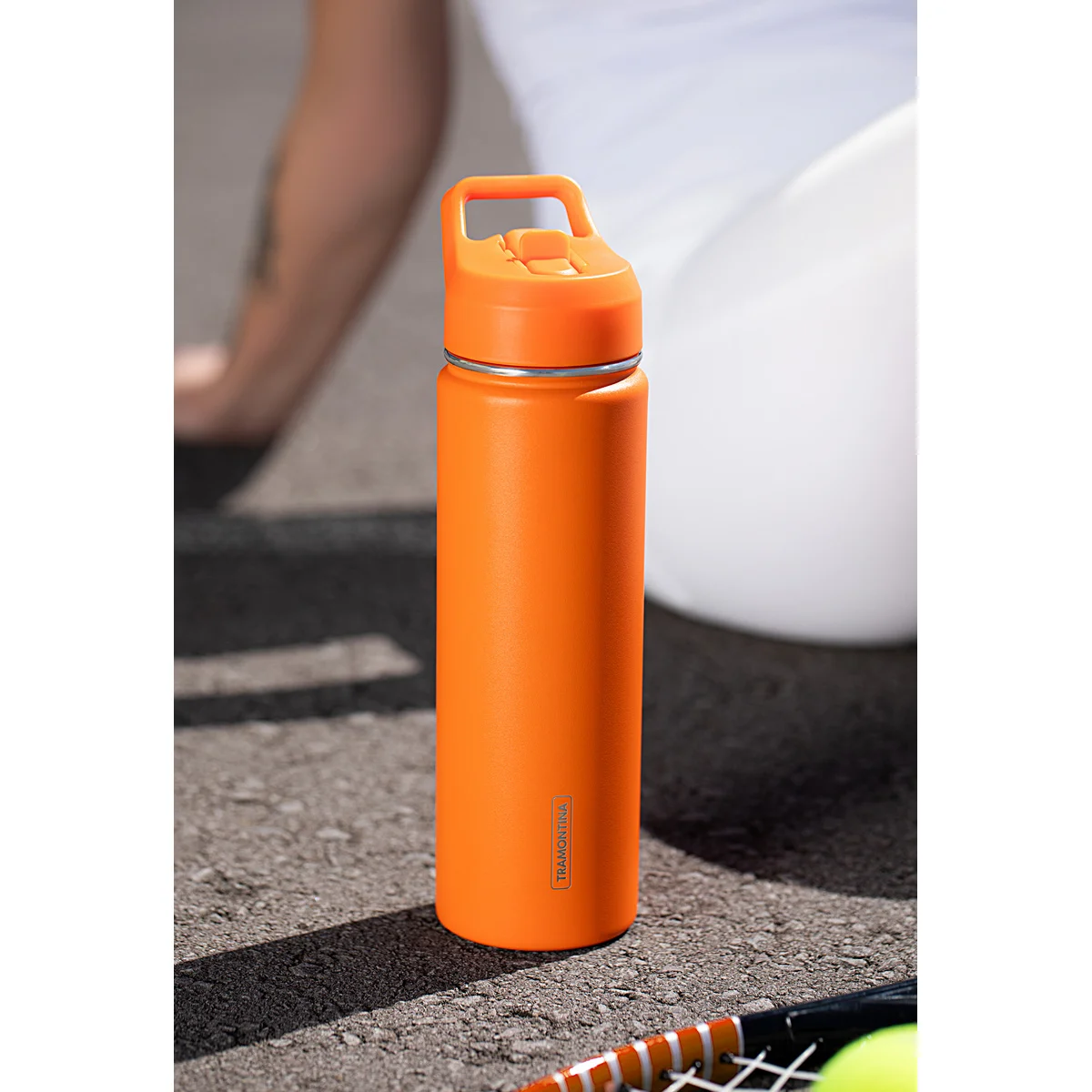 Garrafa Térmica Tramontina 650 ml em Aço Revestido Laranja com Canudo
