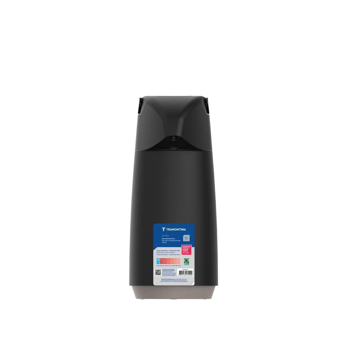 Garrafa Térmica Tramontina Exata em Plástico Preto com Ampola de Vidro 1 L