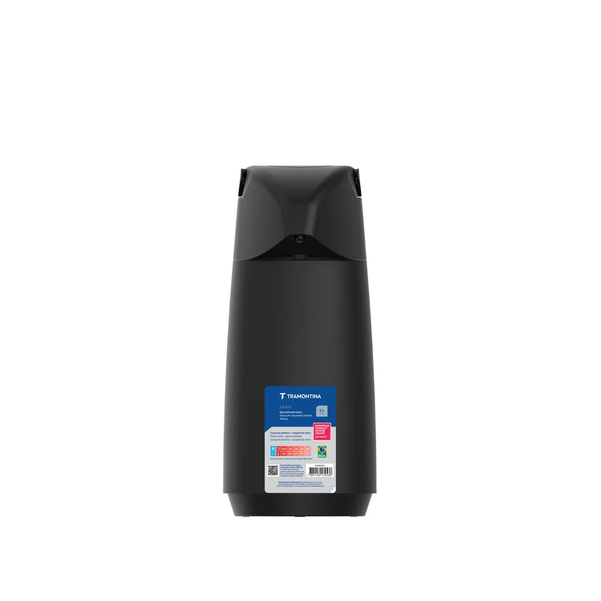 Garrafa Térmica Tramontina Exata em Plástico Preto com Ampola de Vidro 1 L