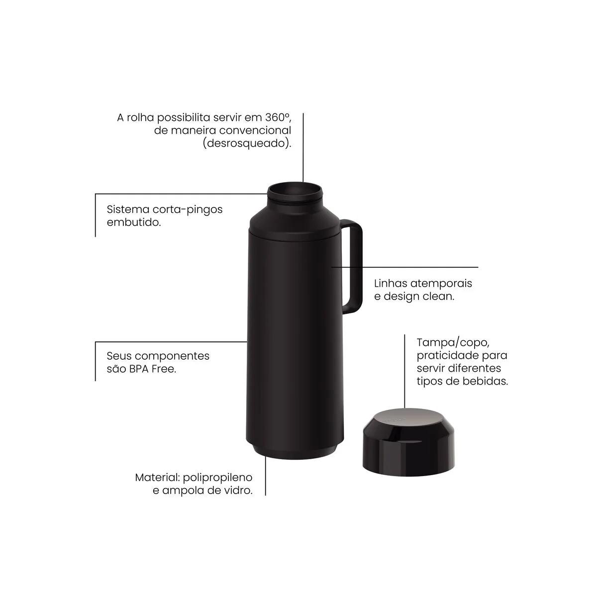 Garrafa Térmica Tramontina Exata em Plástico Preto com Ampola de Vidro e Tampa Rosqueável 1 L