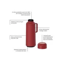 Garrafa Térmica Tramontina Exata em Plástico Vermelho com Ampola de Vidro e Tampa Rosqueável 1 L